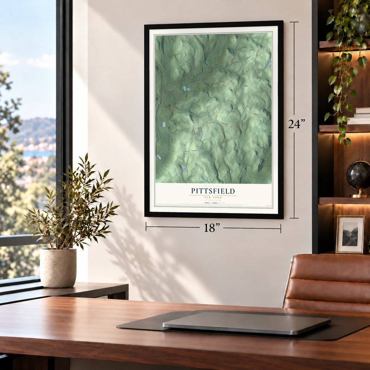 Pittsfield, New York map, 18 x 24 inch print in a black frame in a home office