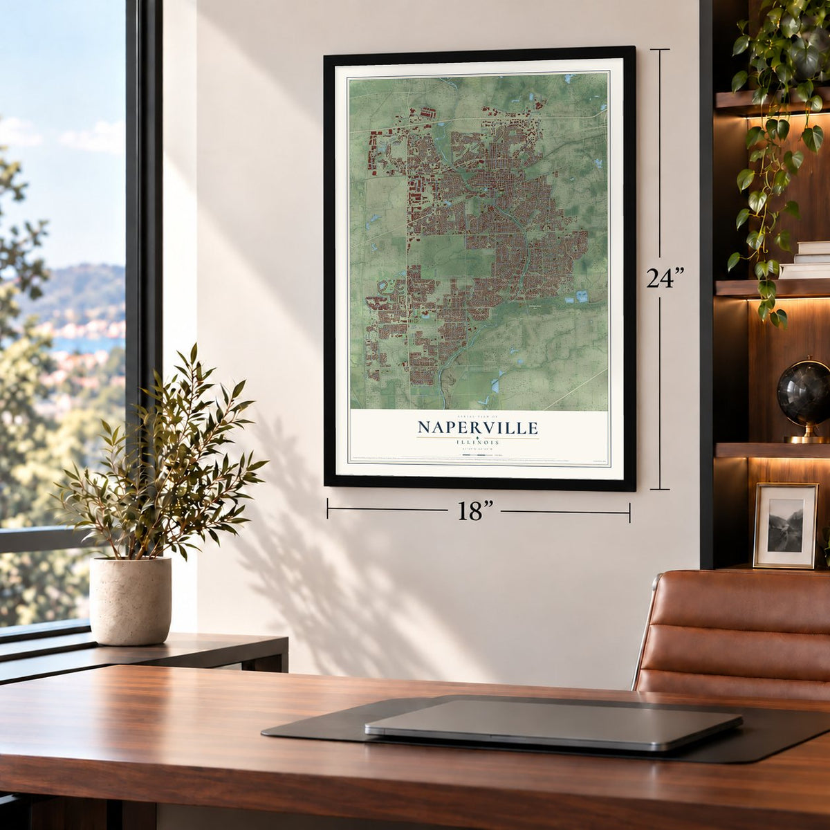 Naperville, Illinois map, 18 x 24 inch print in a black frame in a home office