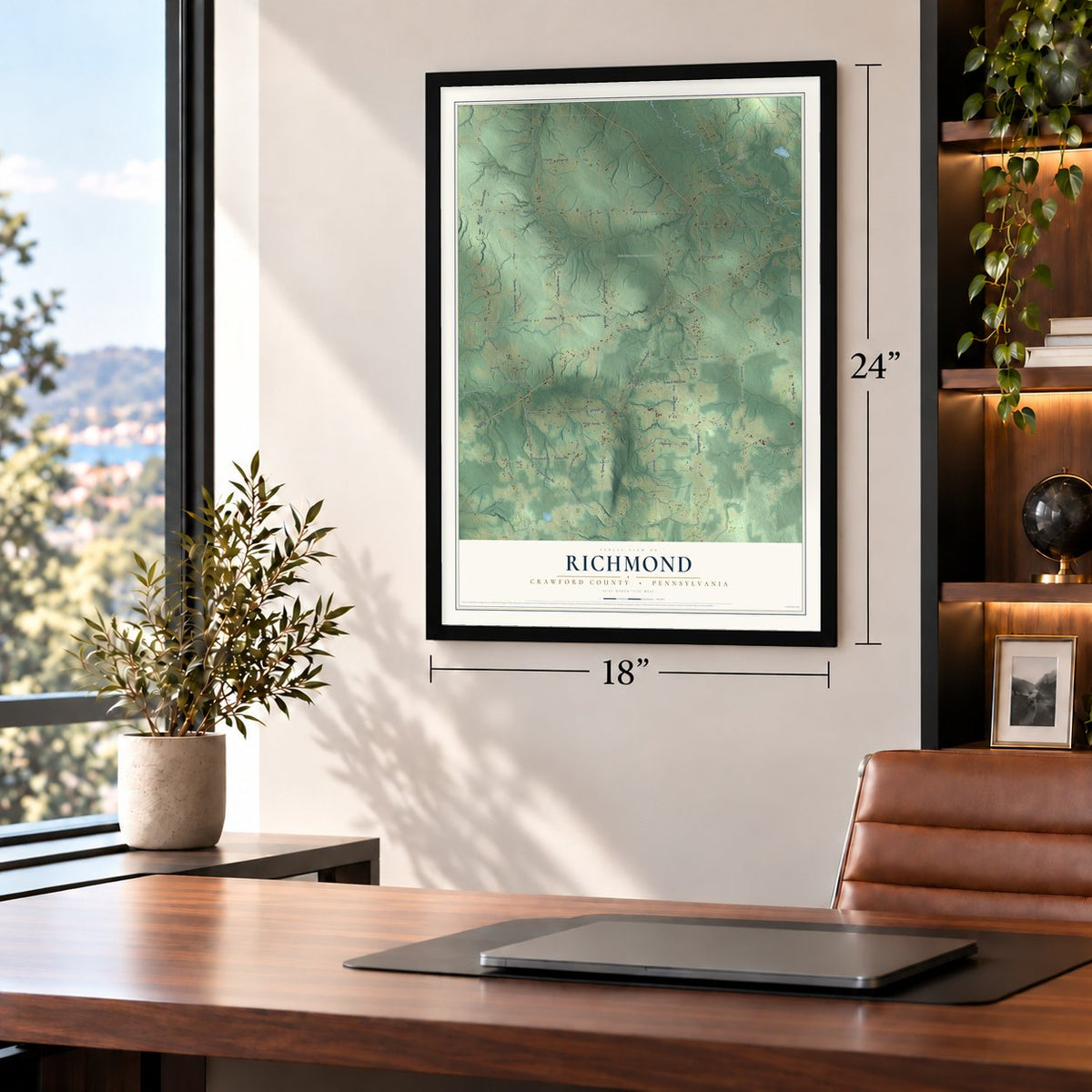 Richmond, Crawford County, Pennsylvania map, 18 x 24 inch print in a black frame in a home office
