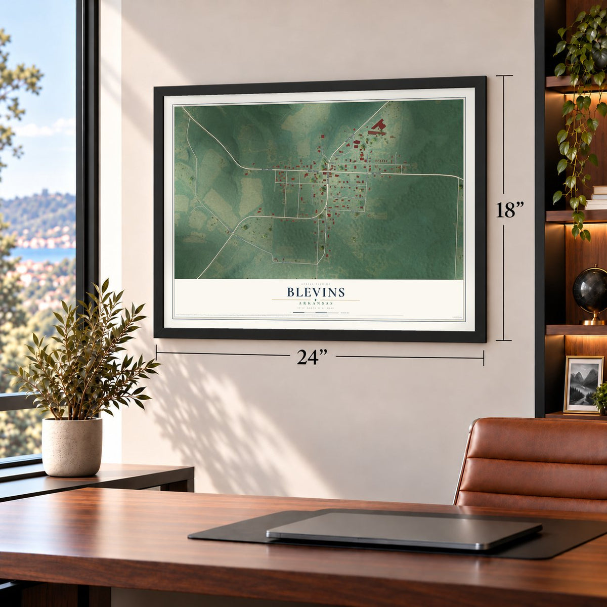 Blevins, Arkansas map, 18 x 24 inch print in a black frame in a home office