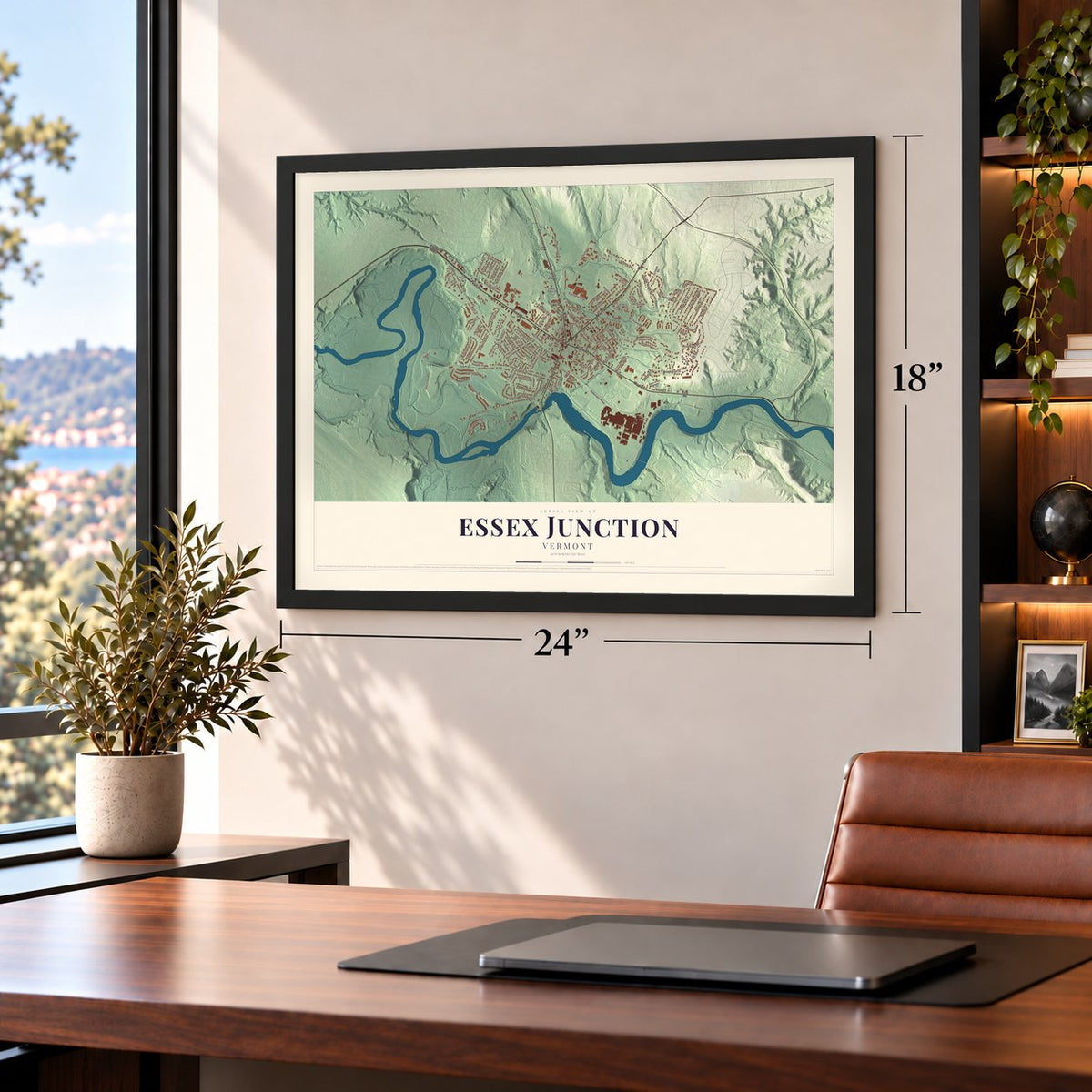 Essex Junction, Vermont map, 18 x 24 inch print in a black frame in a home office