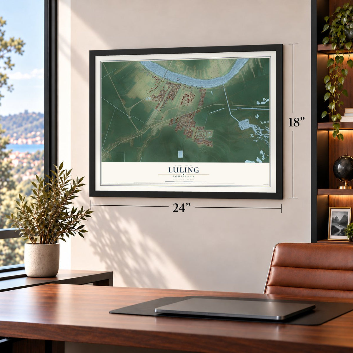 Luling, Louisiana map, 18 x 24 inch print in a black frame in a home office