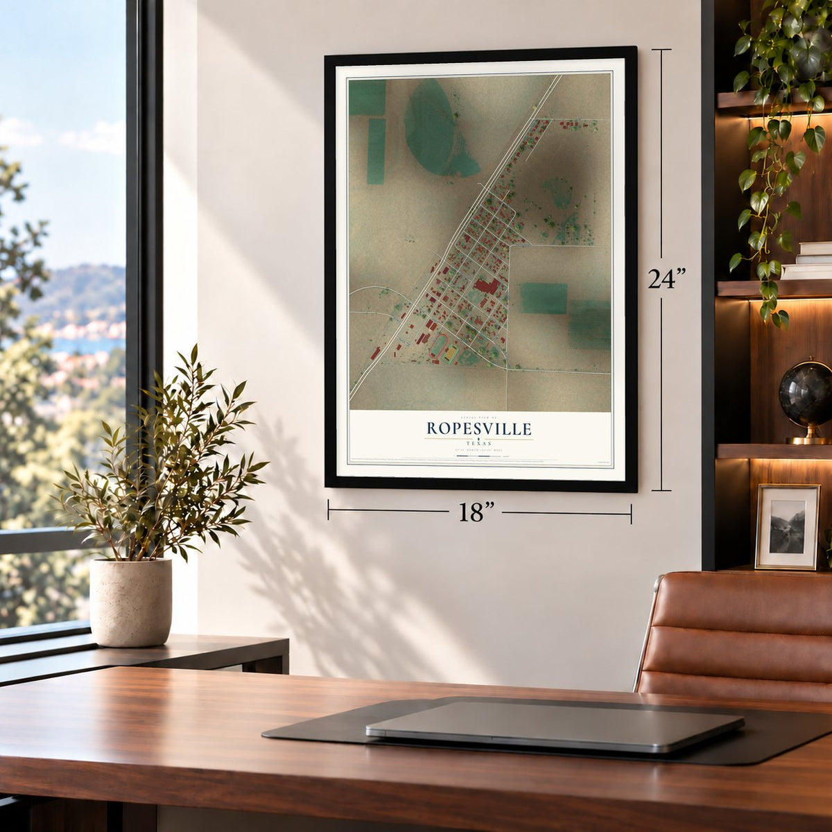 Ropesville, Texas map, 18 x 24 inch print in a black frame in a home office