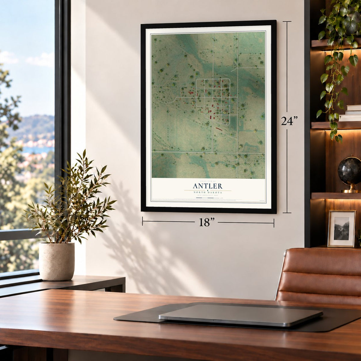 Antler, North Dakota map, 18 x 24 inch print in a black frame in a home office