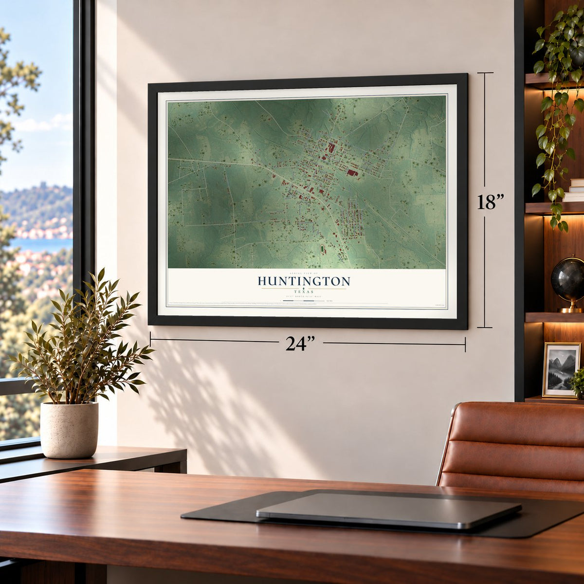 Huntington, Texas map, 18 x 24 inch print in a black frame in a home office