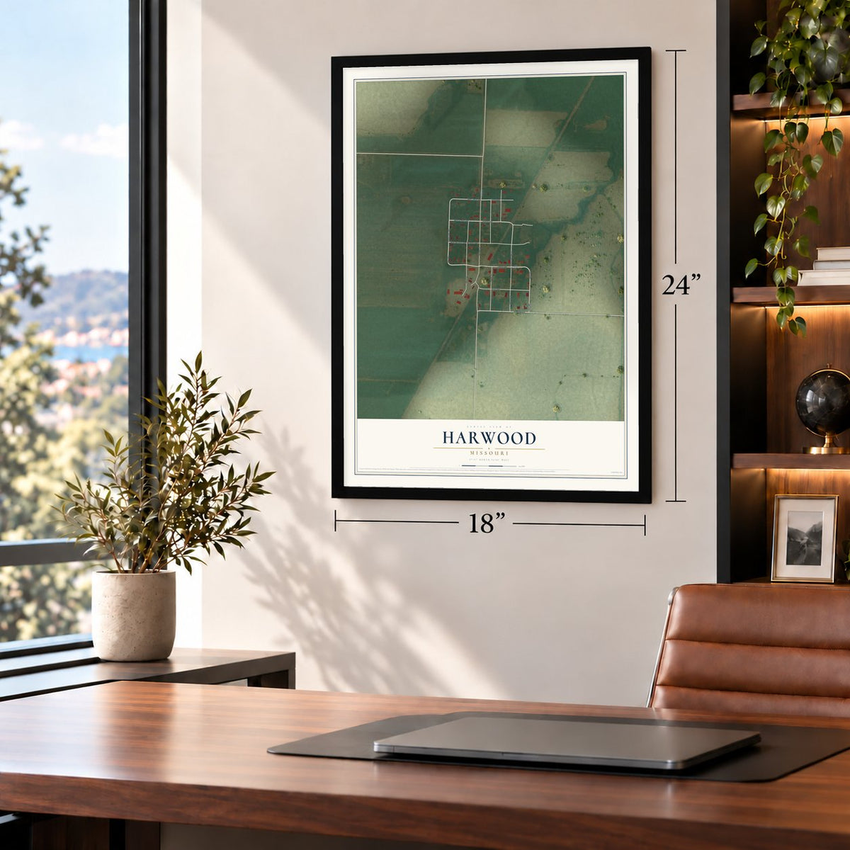 Harwood, Missouri map, 18 x 24 inch print in a black frame in a home office