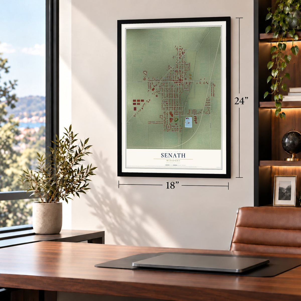 Senath, Missouri map, 18 x 24 inch print in a black frame in a home office