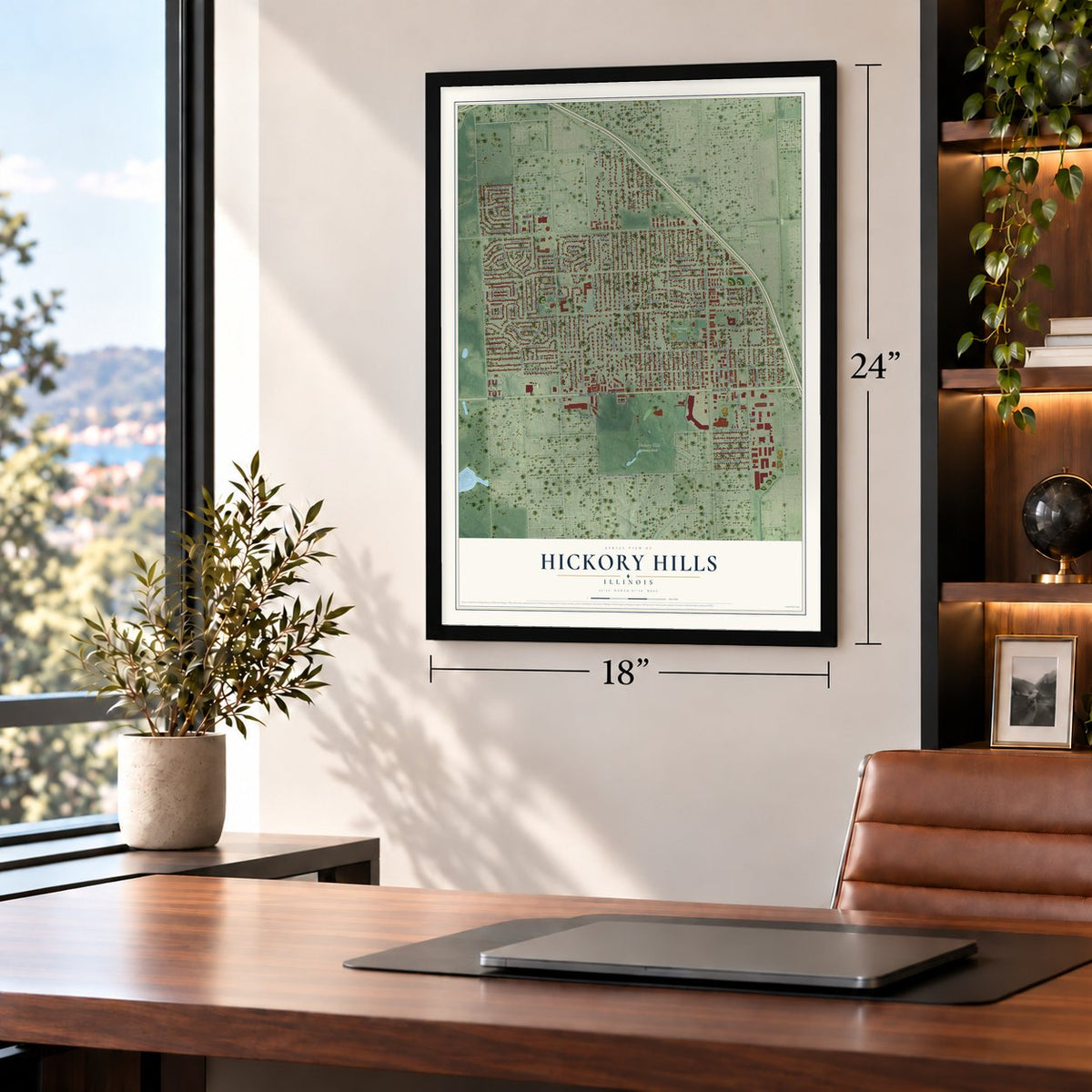 Hickory Hills, Illinois map, 18 x 24 inch print in a black frame in a home office