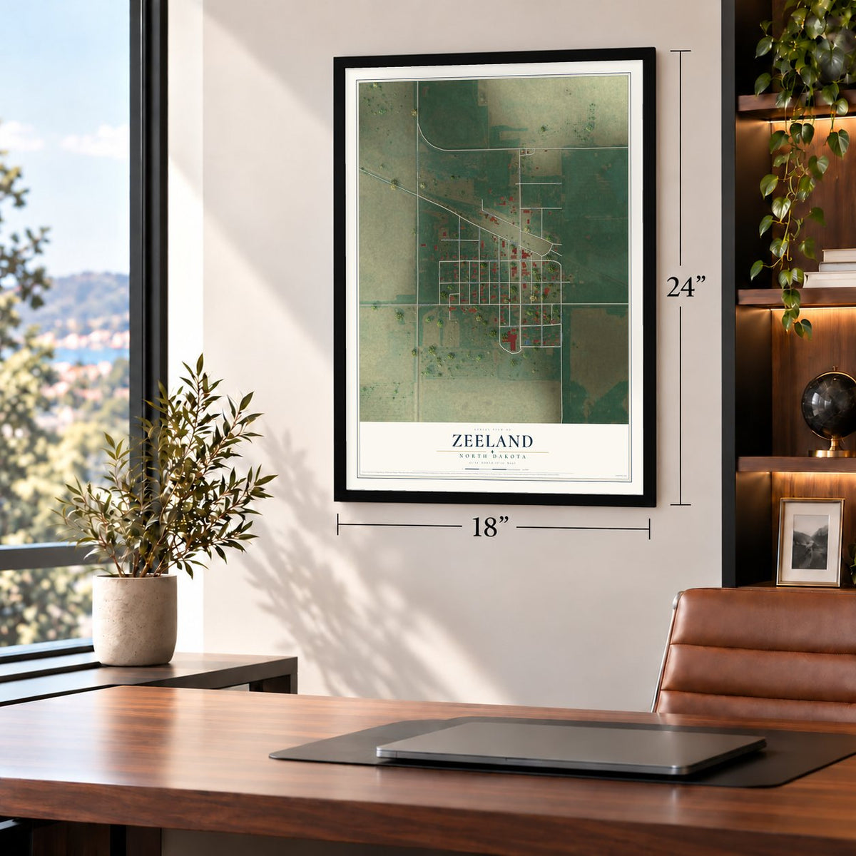 Zeeland, North Dakota map, 18 x 24 inch print in a black frame in a home office