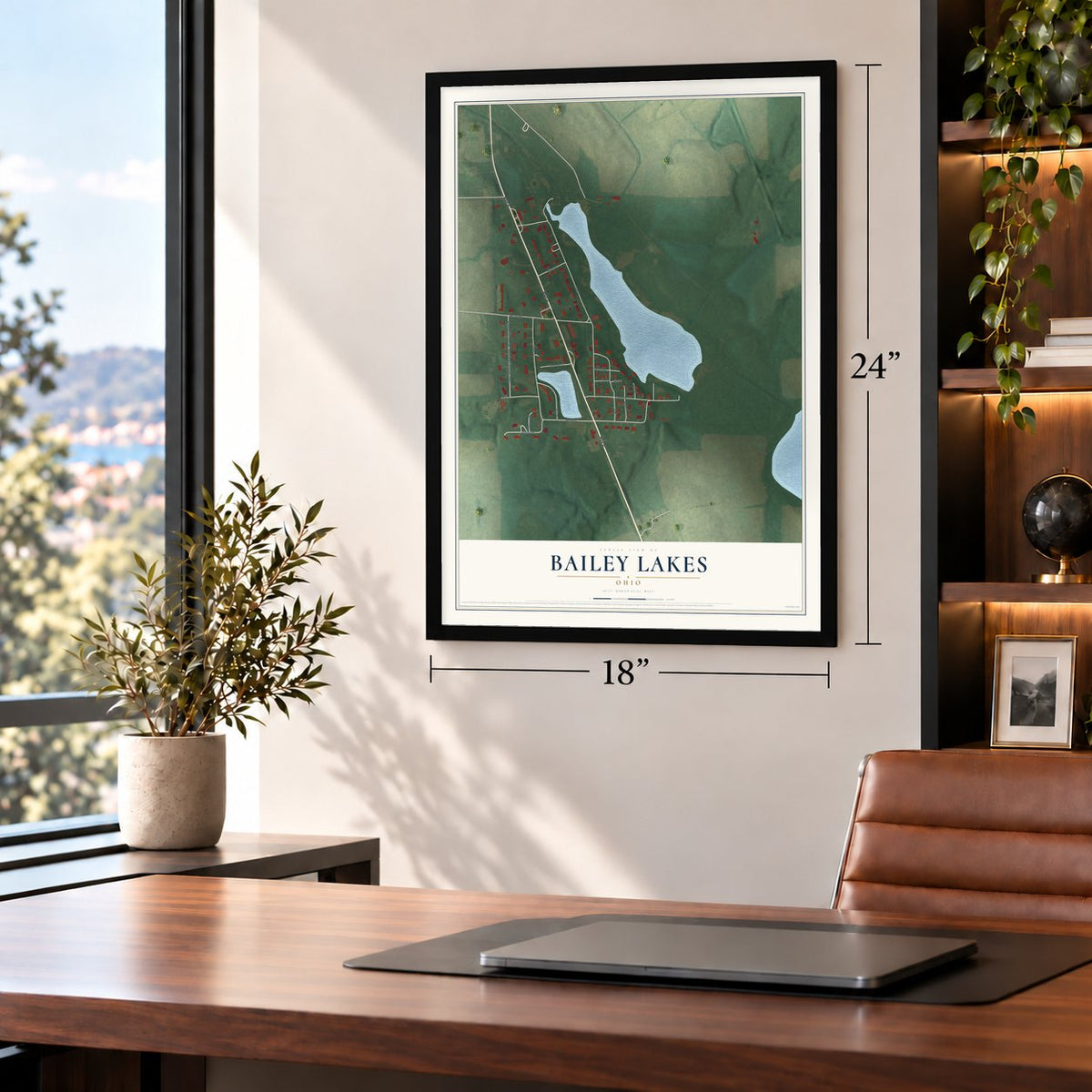 Bailey Lakes, Ohio map, 18 x 24 inch print in a black frame in a home office