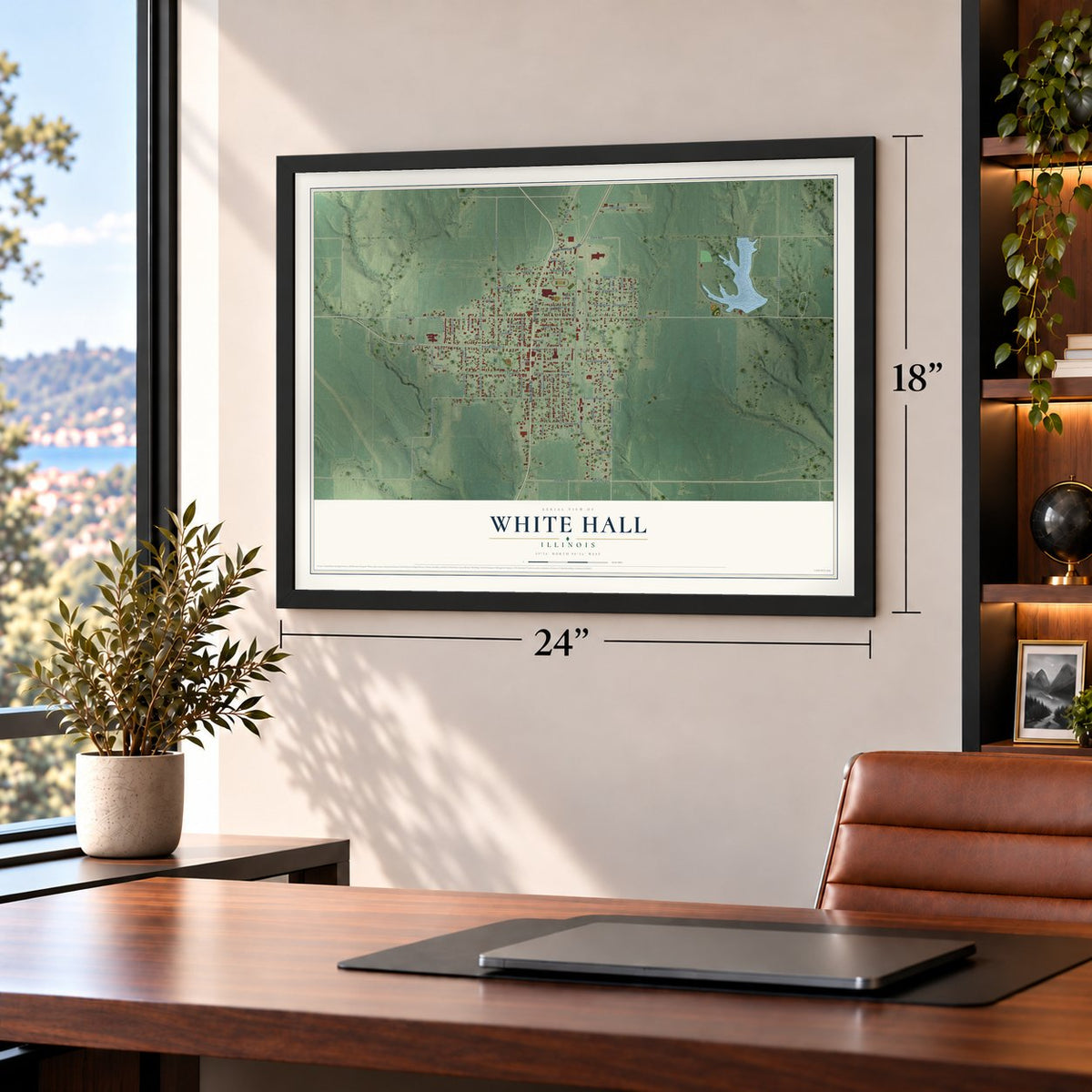 White Hall, Illinois map, 18 x 24 inch print in a black frame in a home office