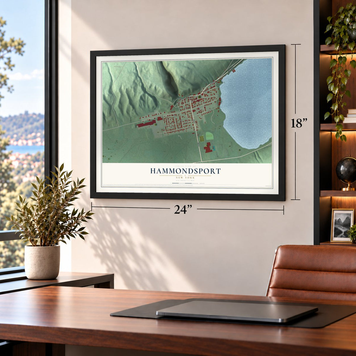Hammondsport, New York map, 18 x 24 inch print in a black frame in a home office