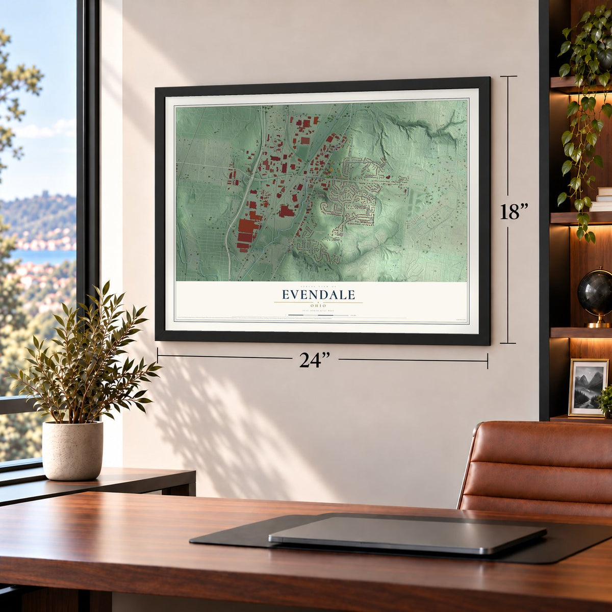 Evendale, Ohio map, 18 x 24 inch print in a black frame in a home office