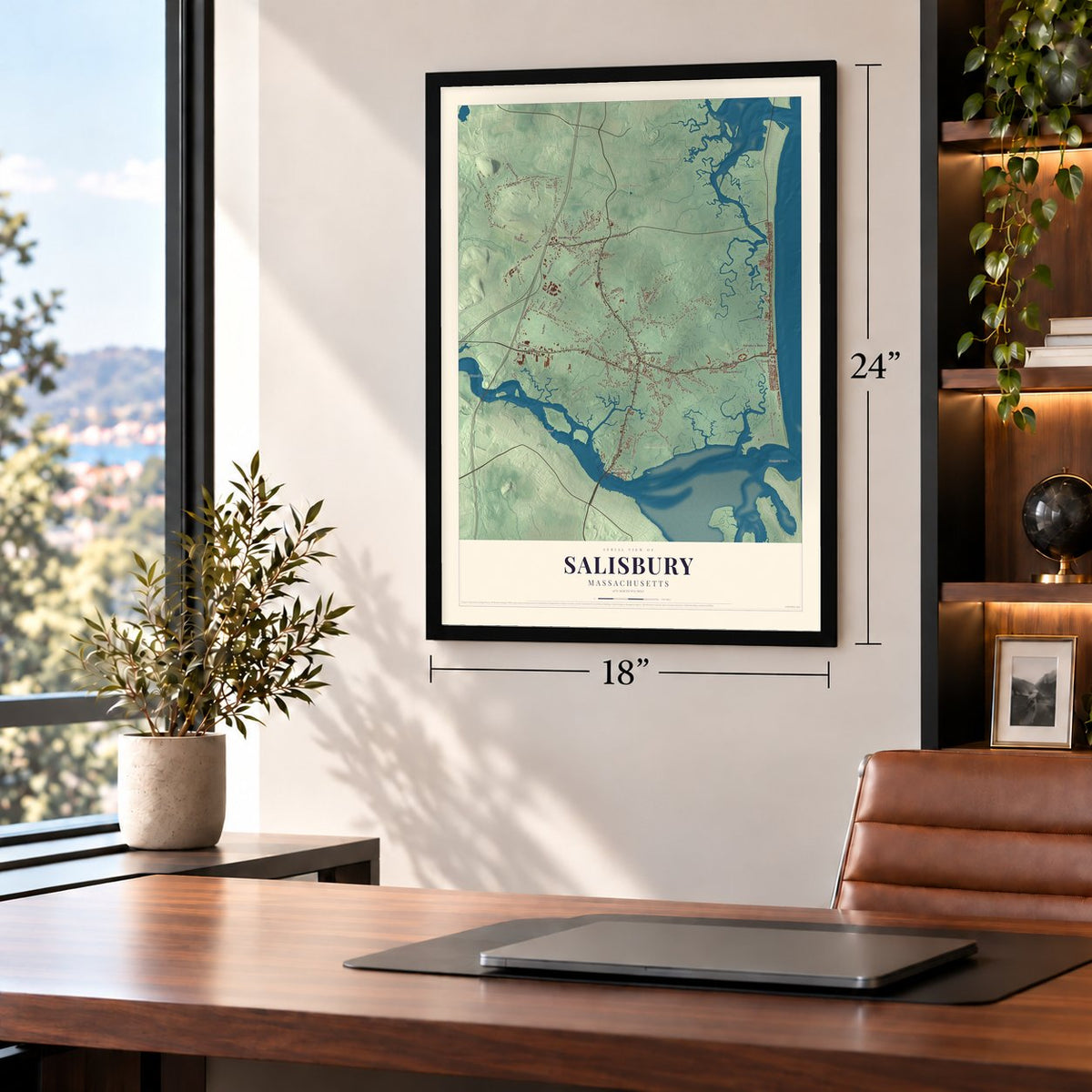 Salisbury, Massachusetts map, 18 x 24 inch print in a black frame in a home office