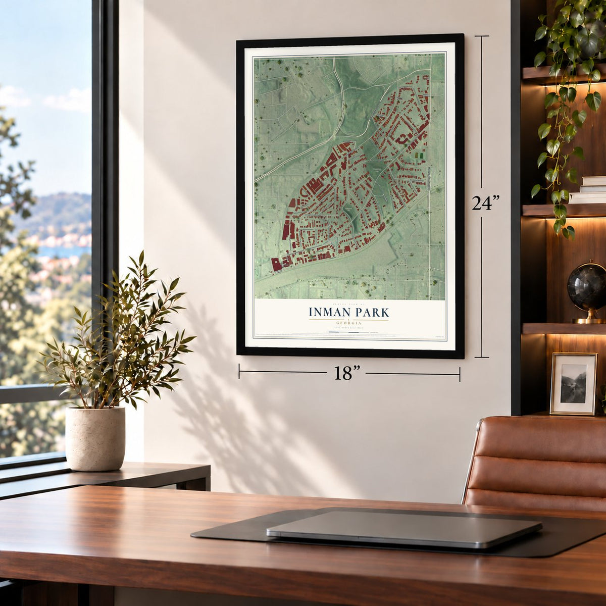 Inman Park, Georgia map, 18 x 24 inch print in a black frame in a home office
