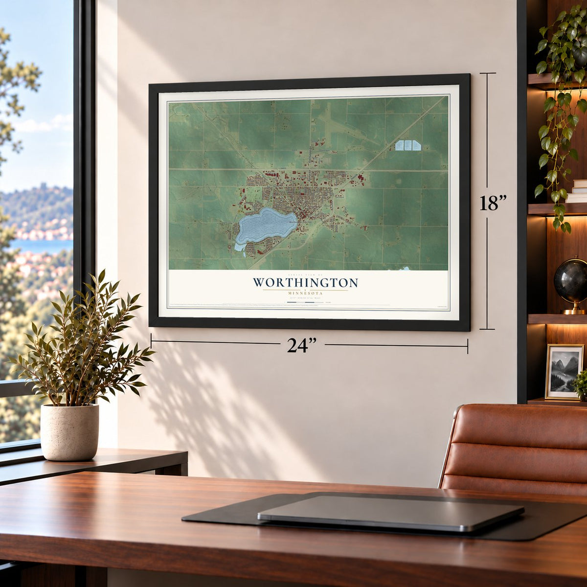 Worthington, Minnesota map, 18 x 24 inch print in a black frame in a home office
