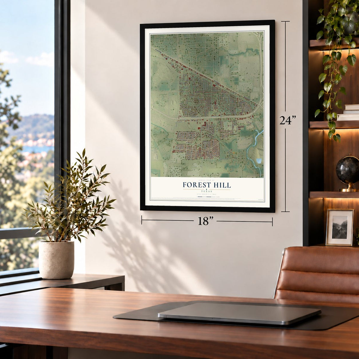 Forest Hill, Texas map, 18 x 24 inch print in a black frame in a home office