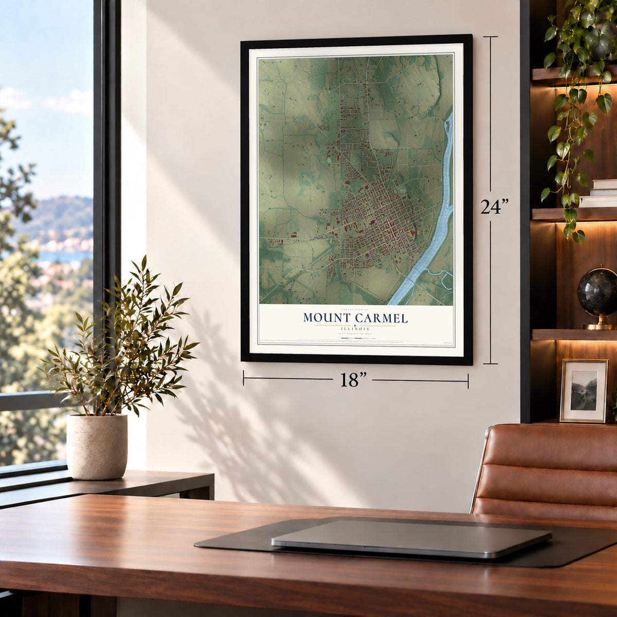 Mount Carmel, Illinois map, 18 x 24 inch print in a black frame in a home office