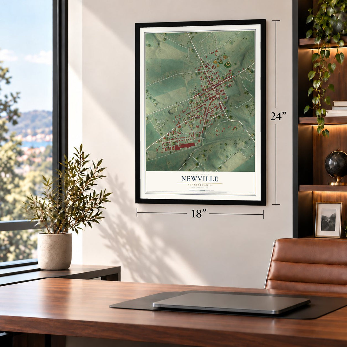 Newville, Pennsylvania map, 18 x 24 inch print in a black frame in a home office