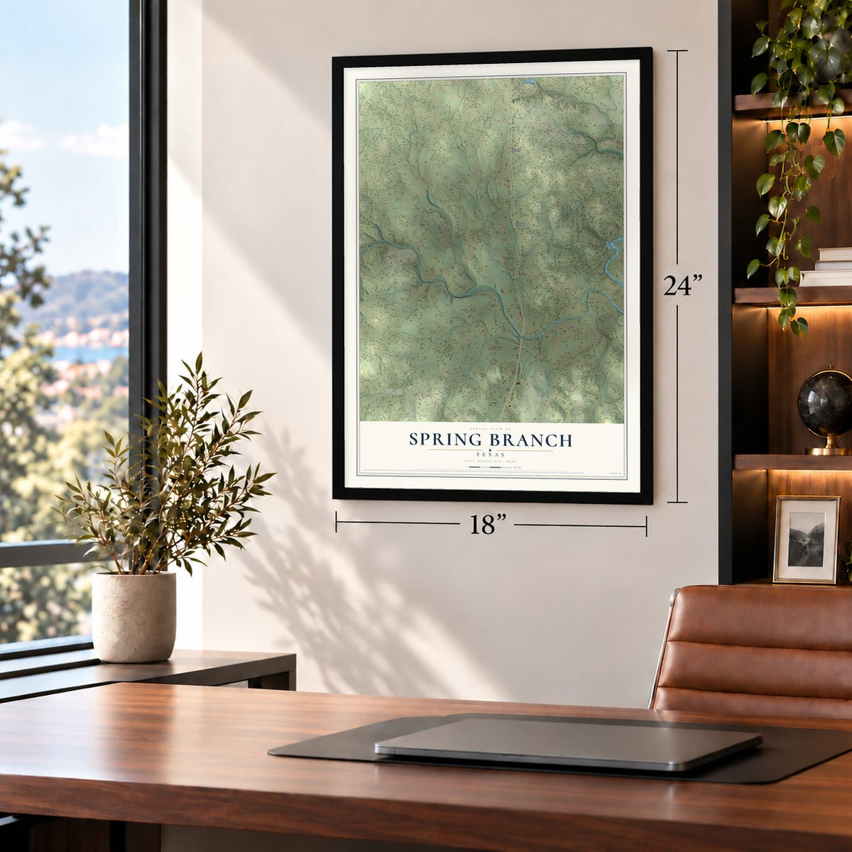 Spring Branch, Texas map, 18 x 24 inch print in a black frame in a home office