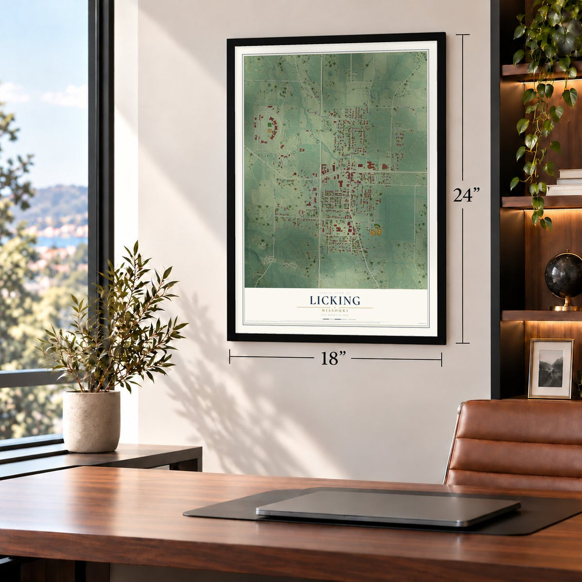 Licking, Missouri map, 18 x 24 inch print in a black frame in a home office