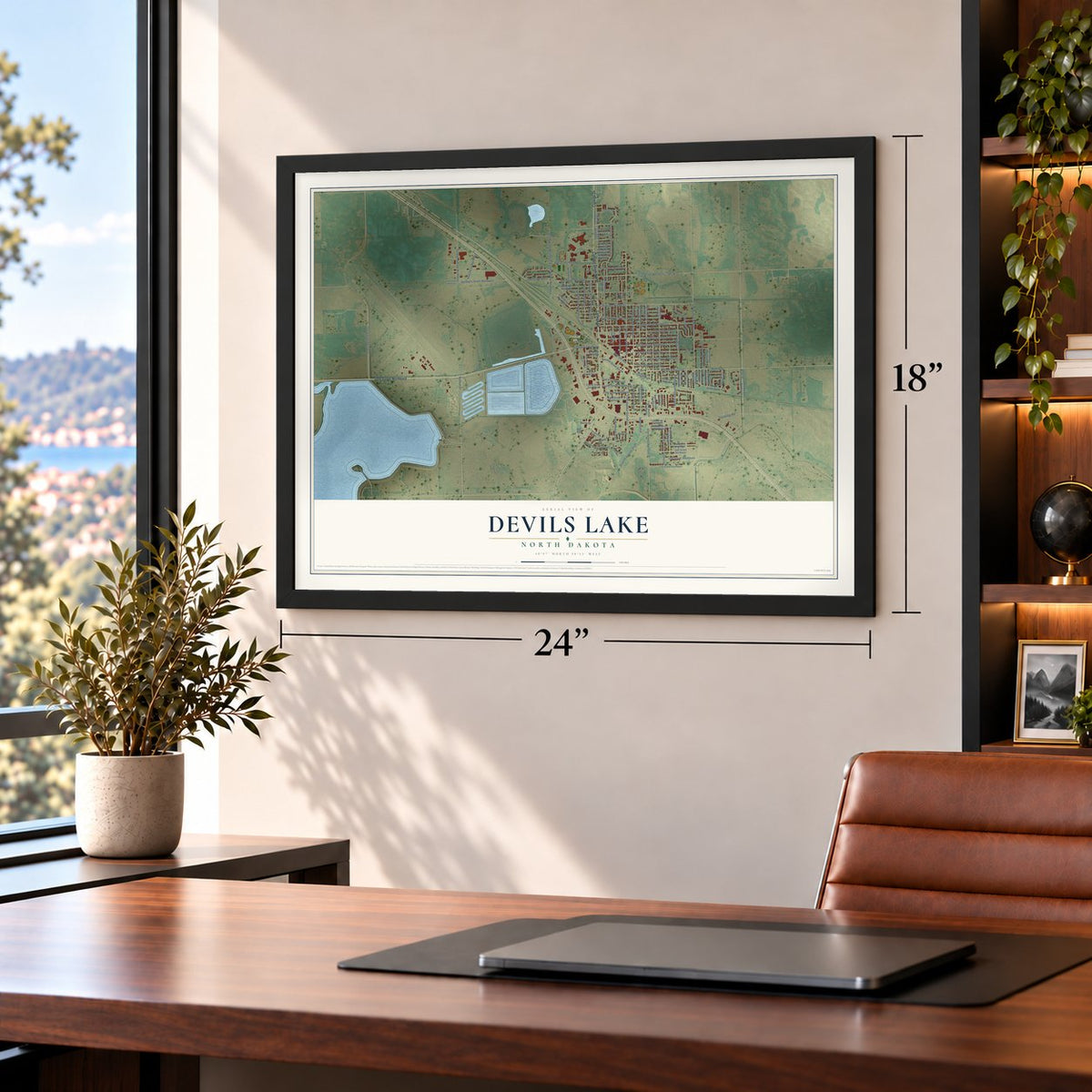 Devils Lake, North Dakota map, 18 x 24 inch print in a black frame in a home office
