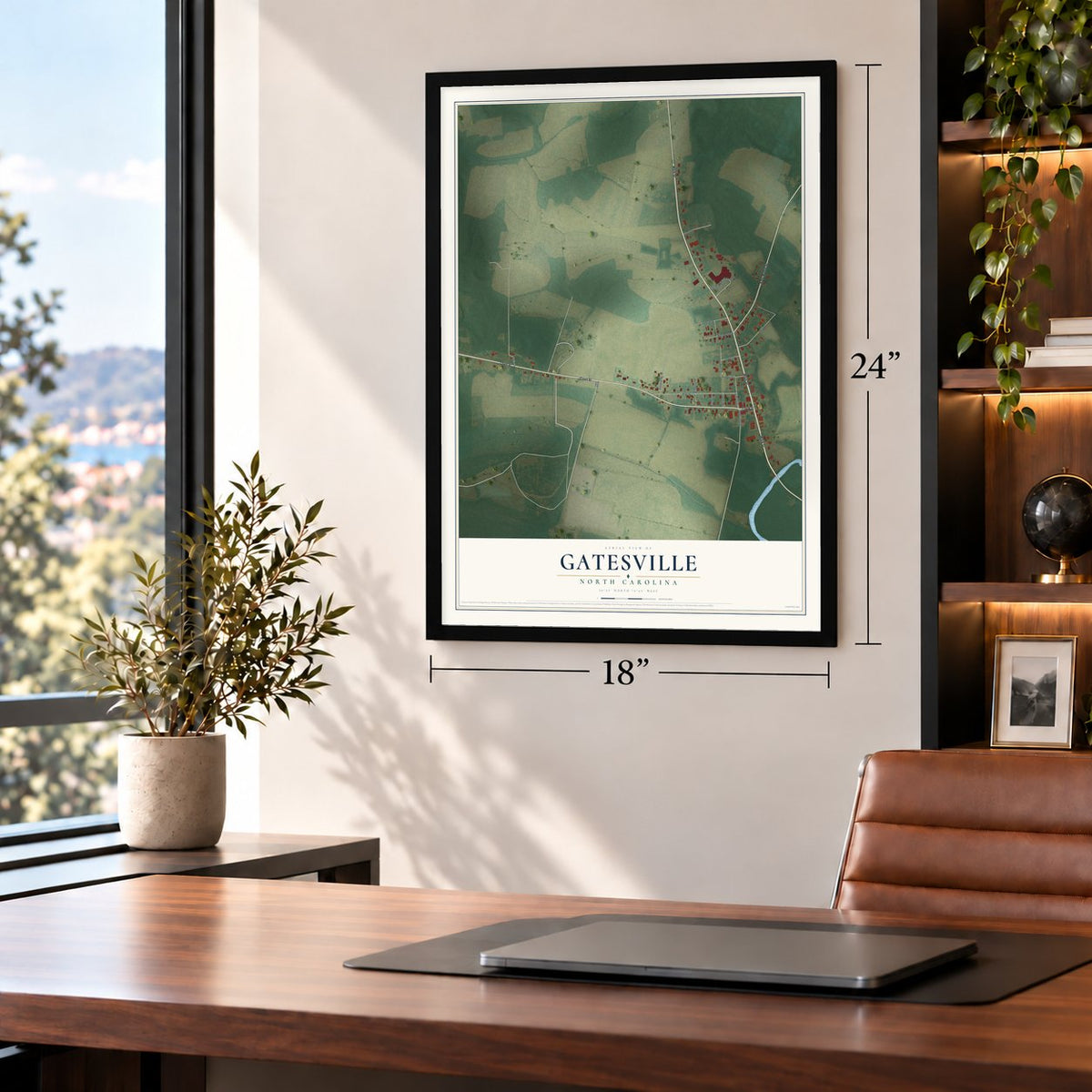 Gatesville, North Carolina map, 18 x 24 inch print in a black frame in a home office