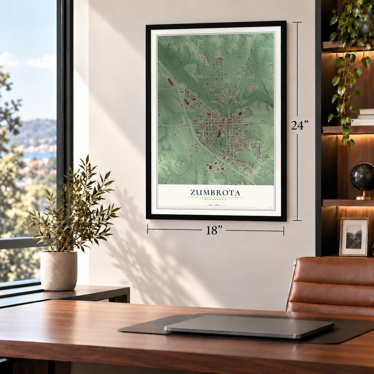 Zumbrota, Minnesota map, 18 x 24 inch print in a black frame in a home office