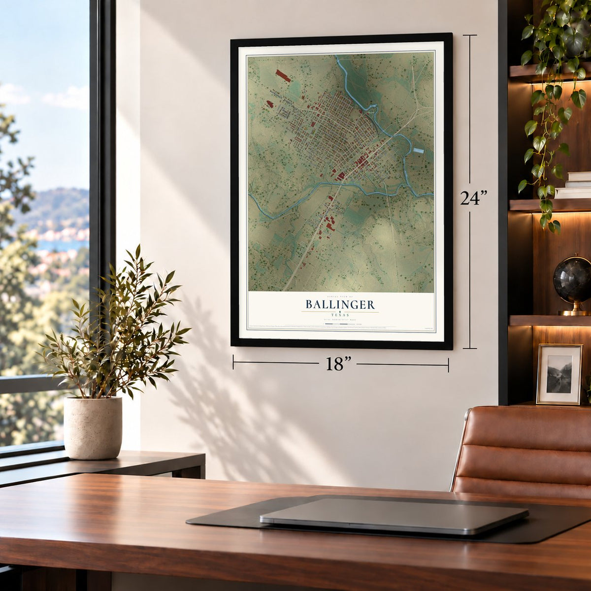 Ballinger, Texas map, 18 x 24 inch print in a black frame in a home office