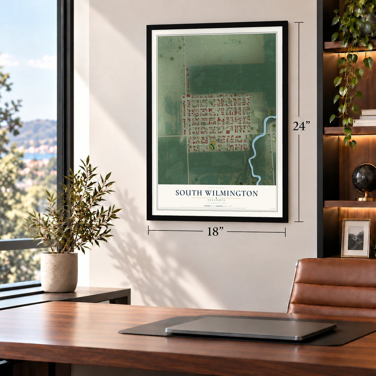 South Wilmington, Illinois map, 18 x 24 inch print in a black frame in a home office