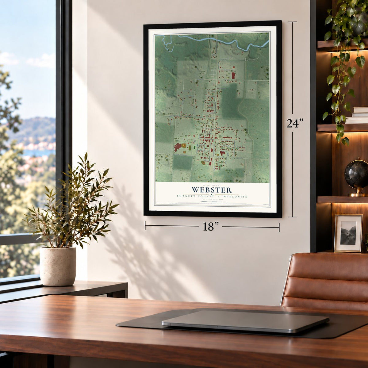 Webster, Burnett County, Wisconsin map, 18 x 24 inch print in a black frame in a home office