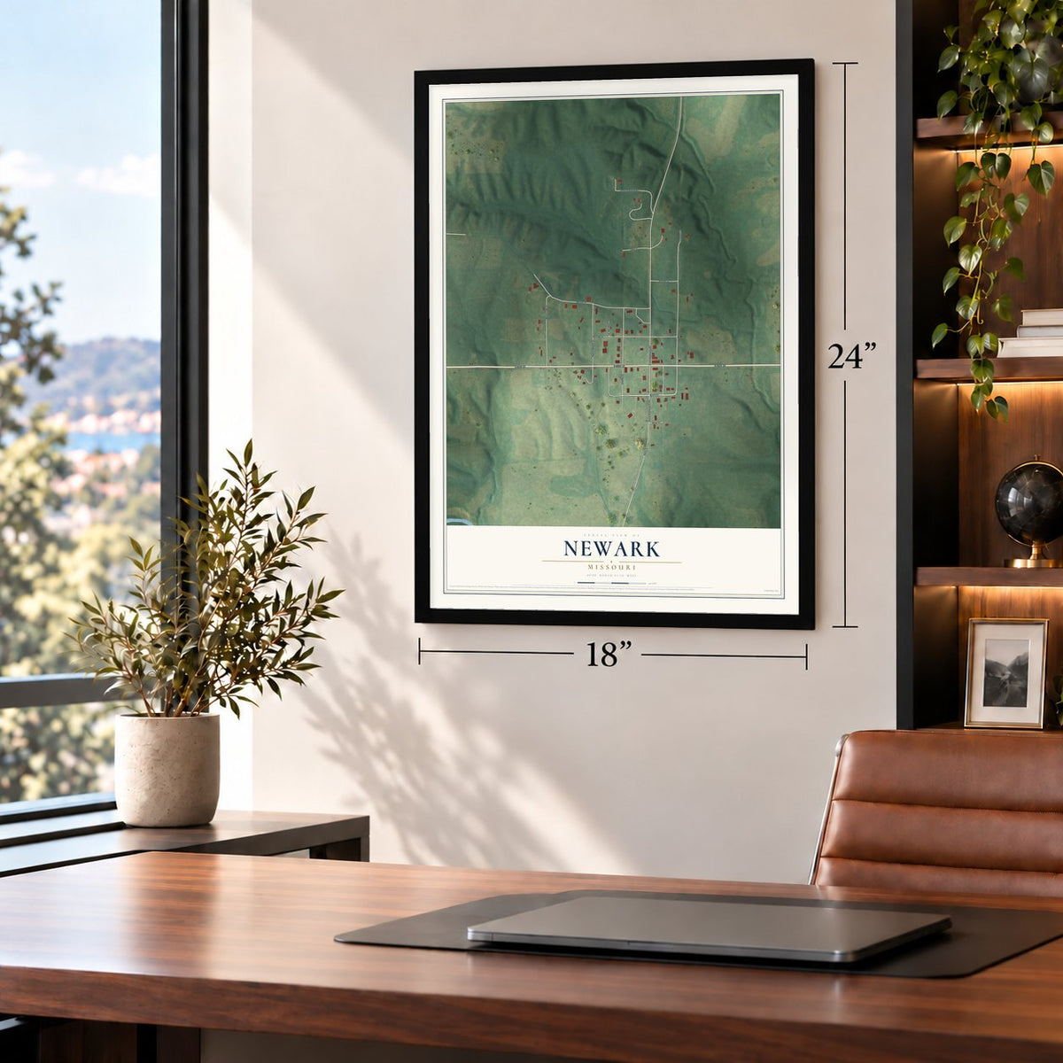 Newark, Missouri map, 18 x 24 inch print in a black frame in a home office