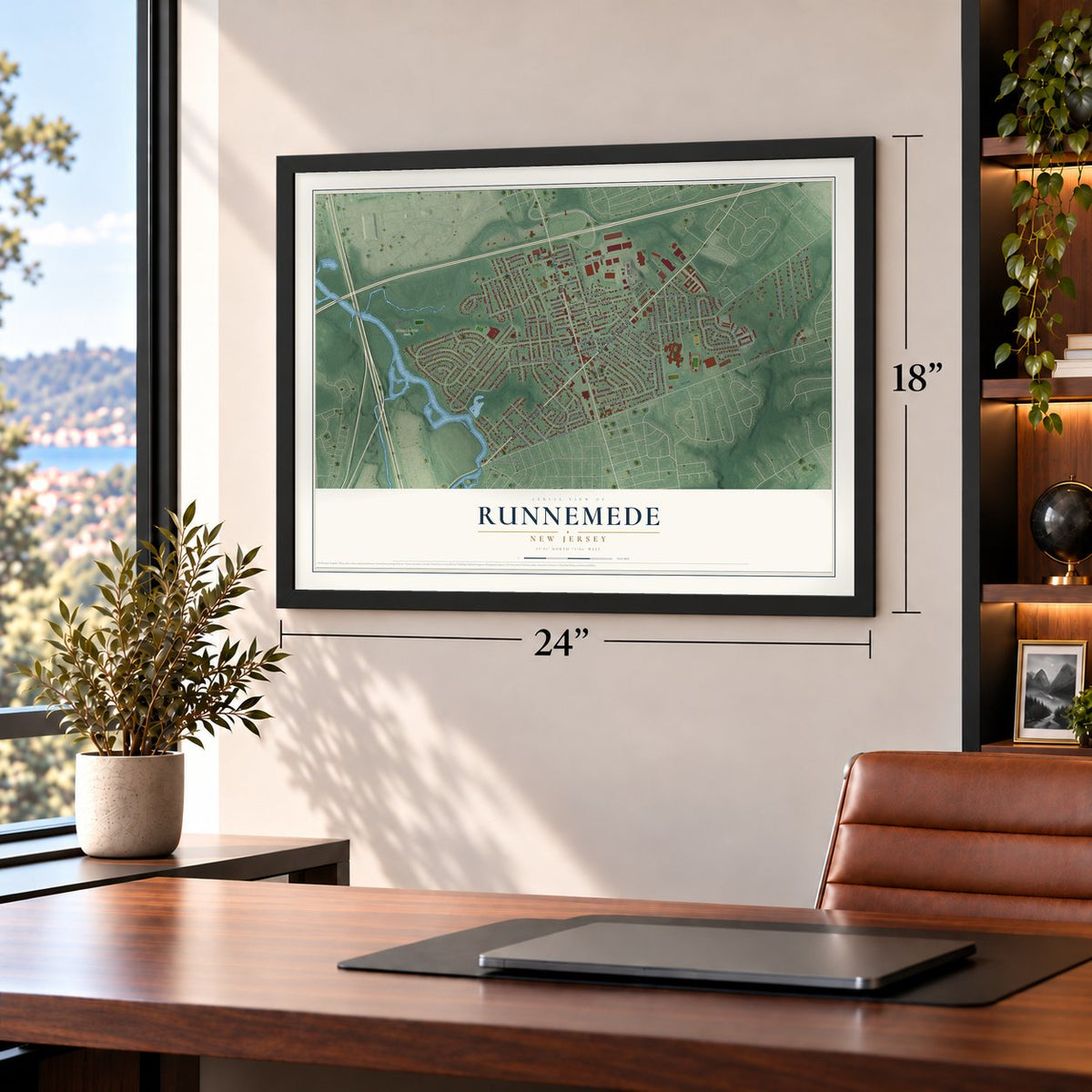 Runnemede, New Jersey map, 18 x 24 inch print in a black frame in a home office