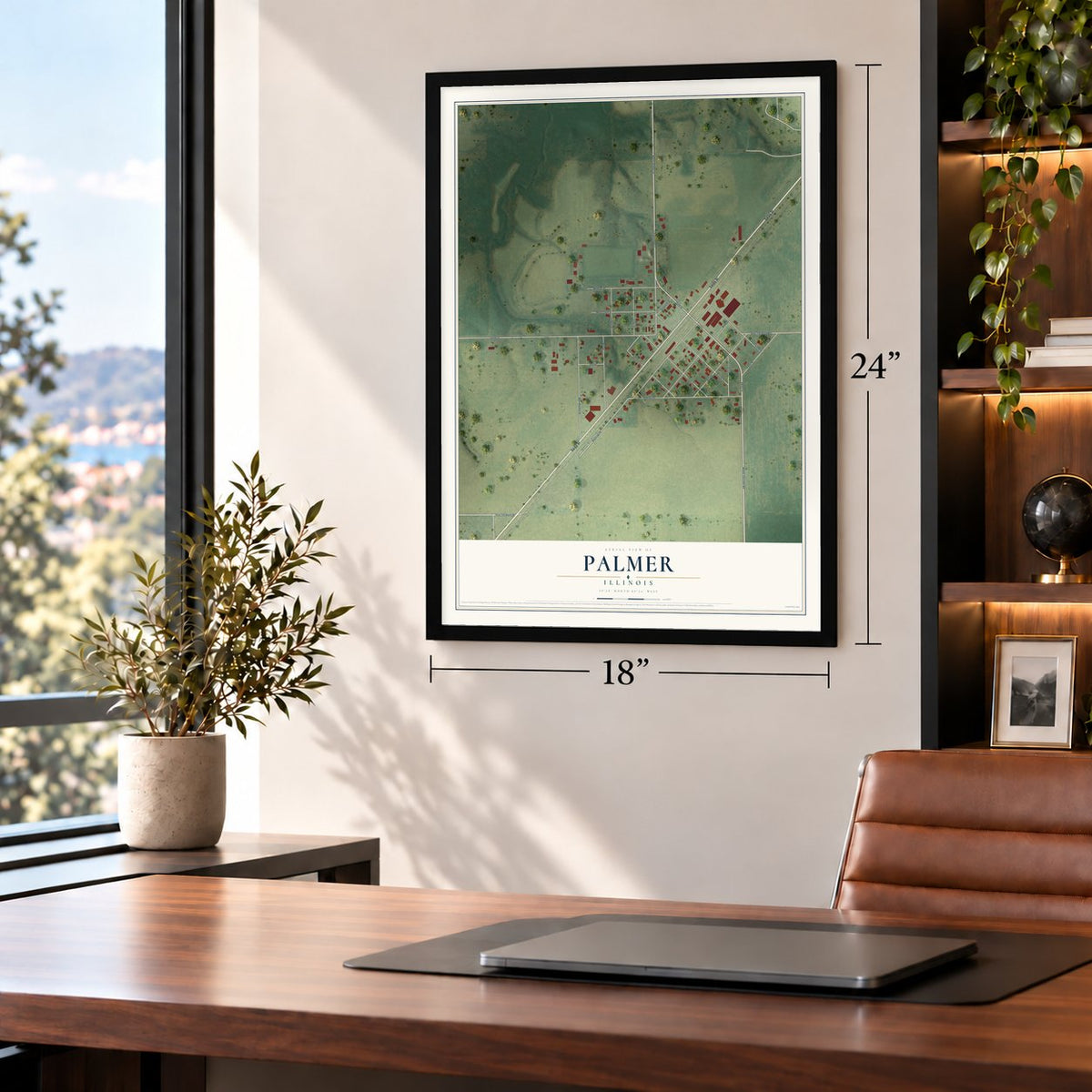 Palmer, Illinois map, 18 x 24 inch print in a black frame in a home office