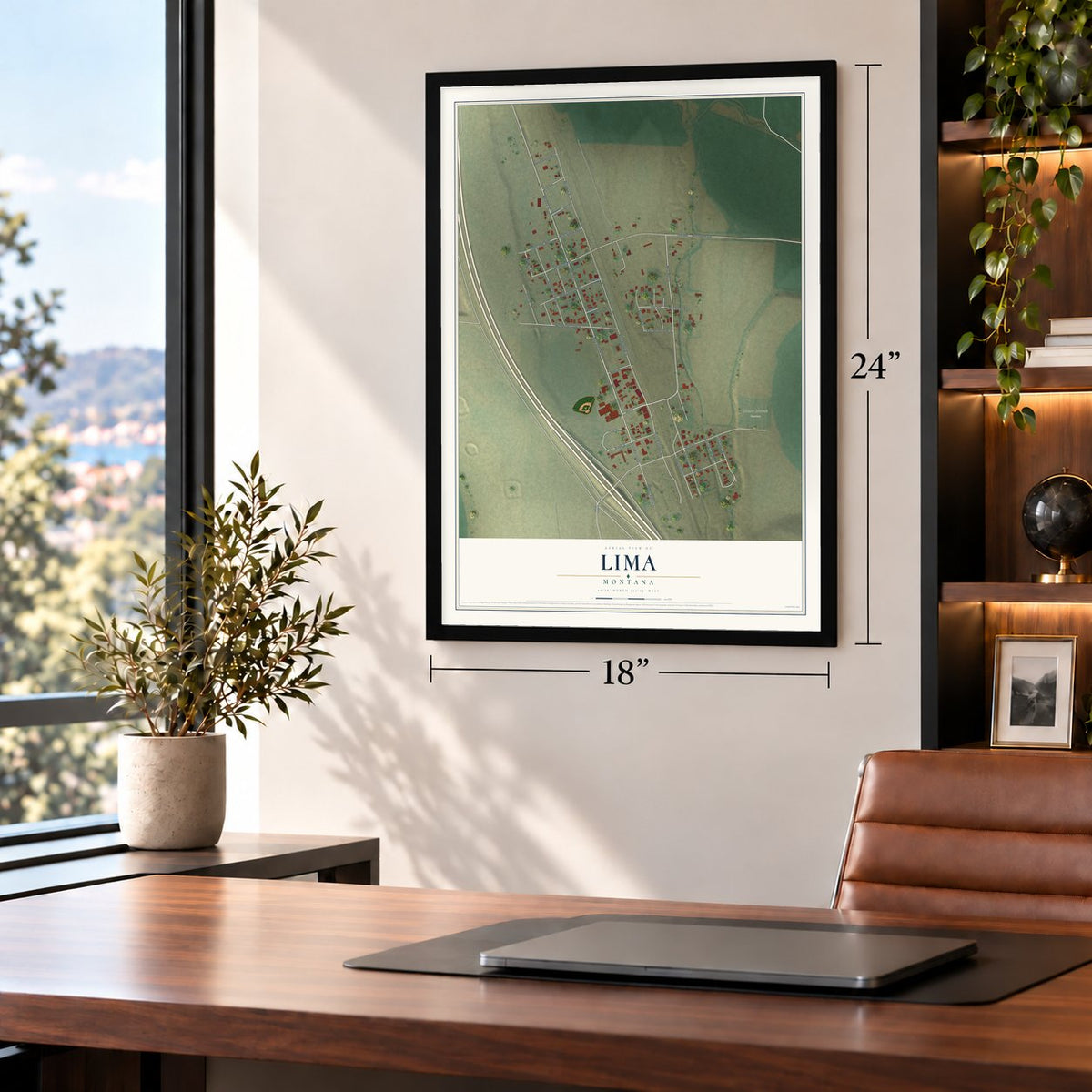 Lima, Montana map, 18 x 24 inch print in a black frame in a home office