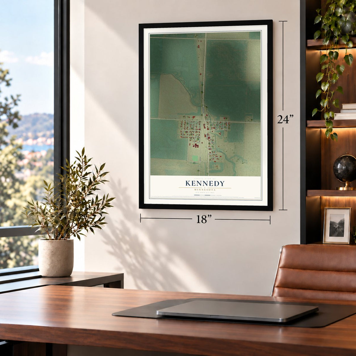 Kennedy, Minnesota map, 18 x 24 inch print in a black frame in a home office