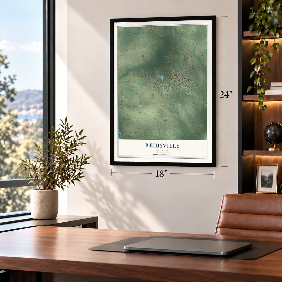 Reidsville, Georgia map, 18 x 24 inch print in a black frame in a home office
