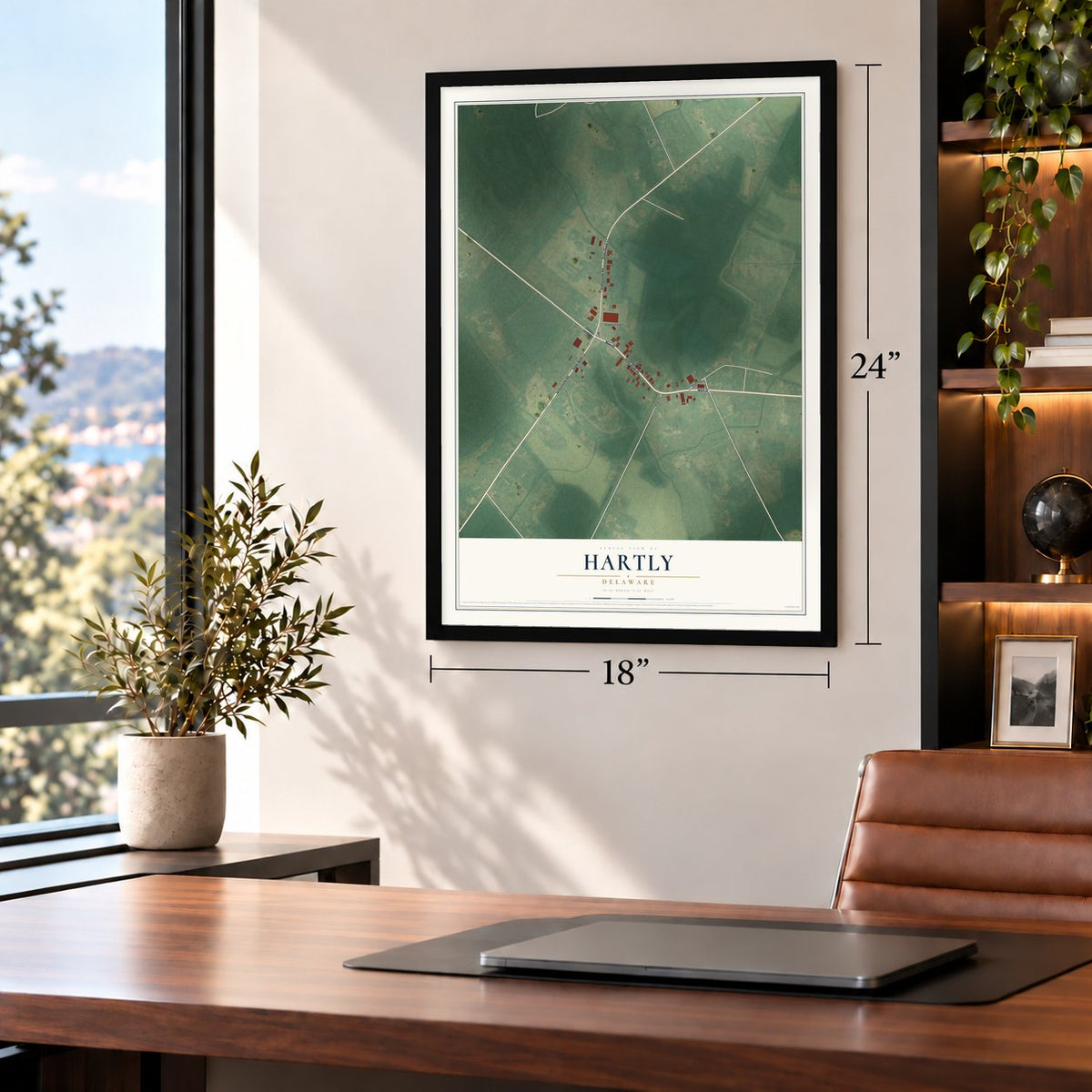 Hartly, Delaware map, 18 x 24 inch print in a black frame in a home office