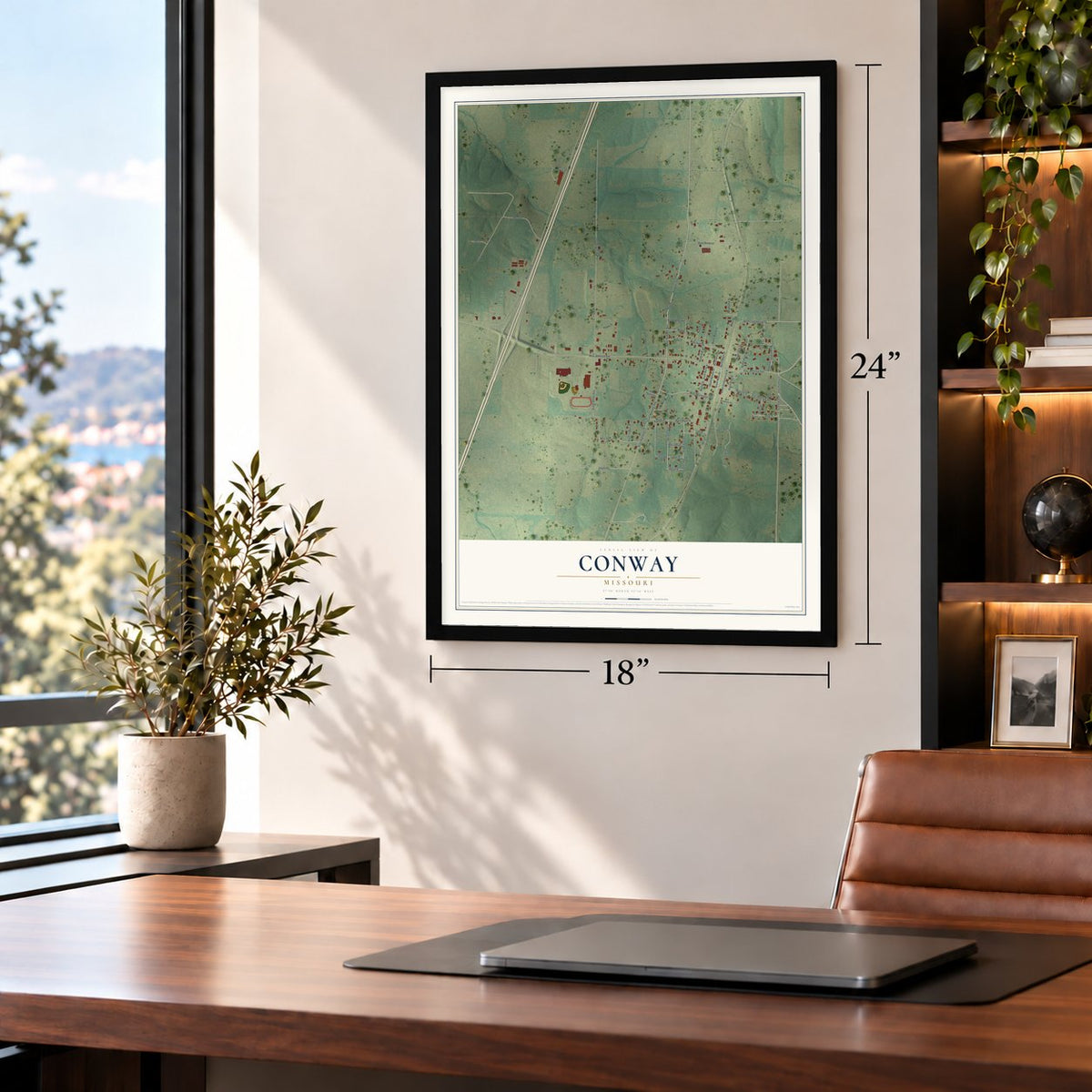 Conway, Missouri map, 18 x 24 inch print in a black frame in a home office