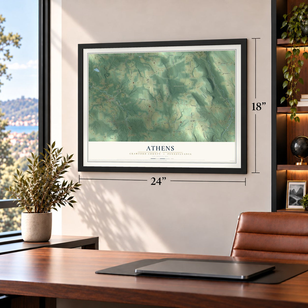 Athens, Crawford County, Pennsylvania map, 18 x 24 inch print in a black frame in a home office