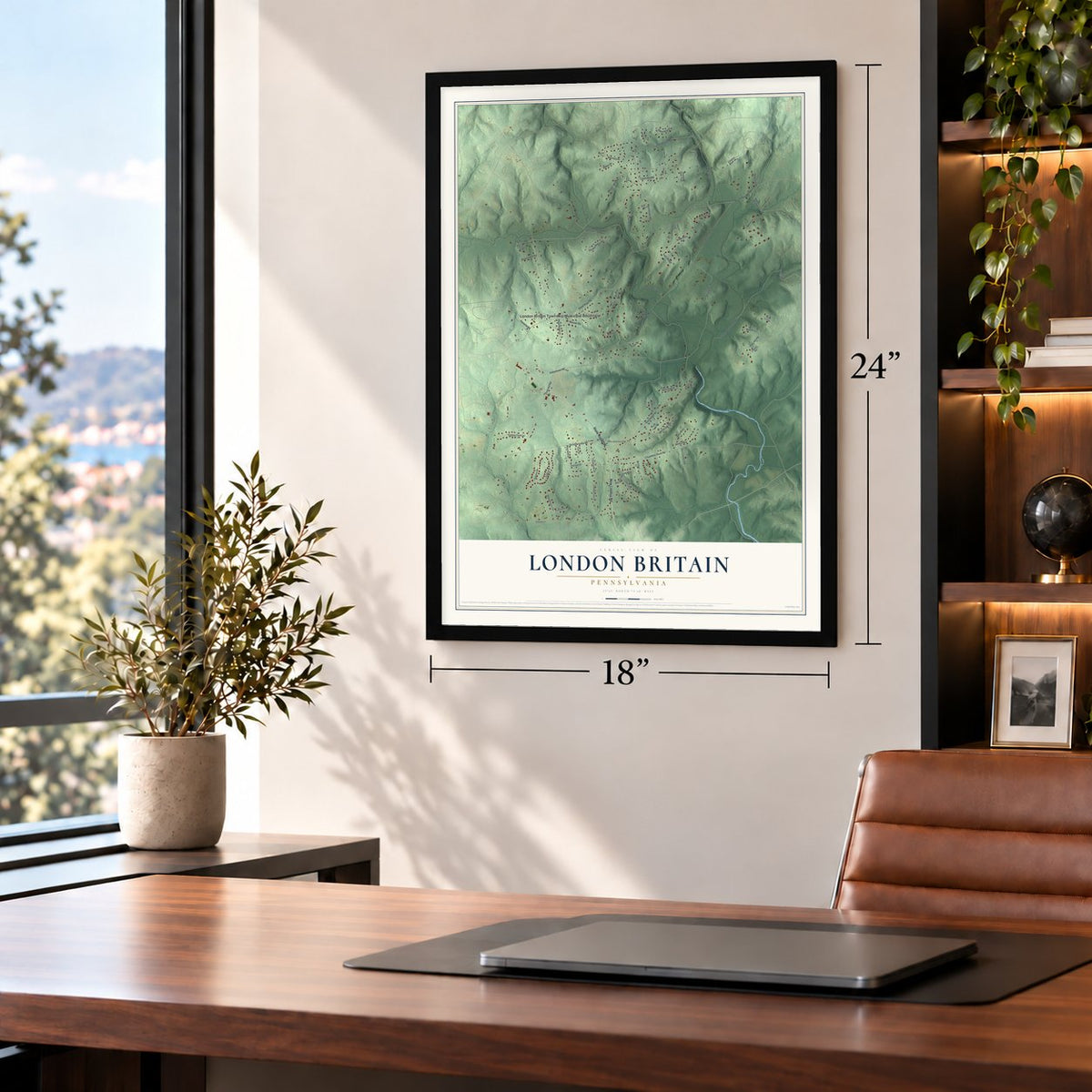 London Britain, Pennsylvania map, 18 x 24 inch print in a black frame in a home office