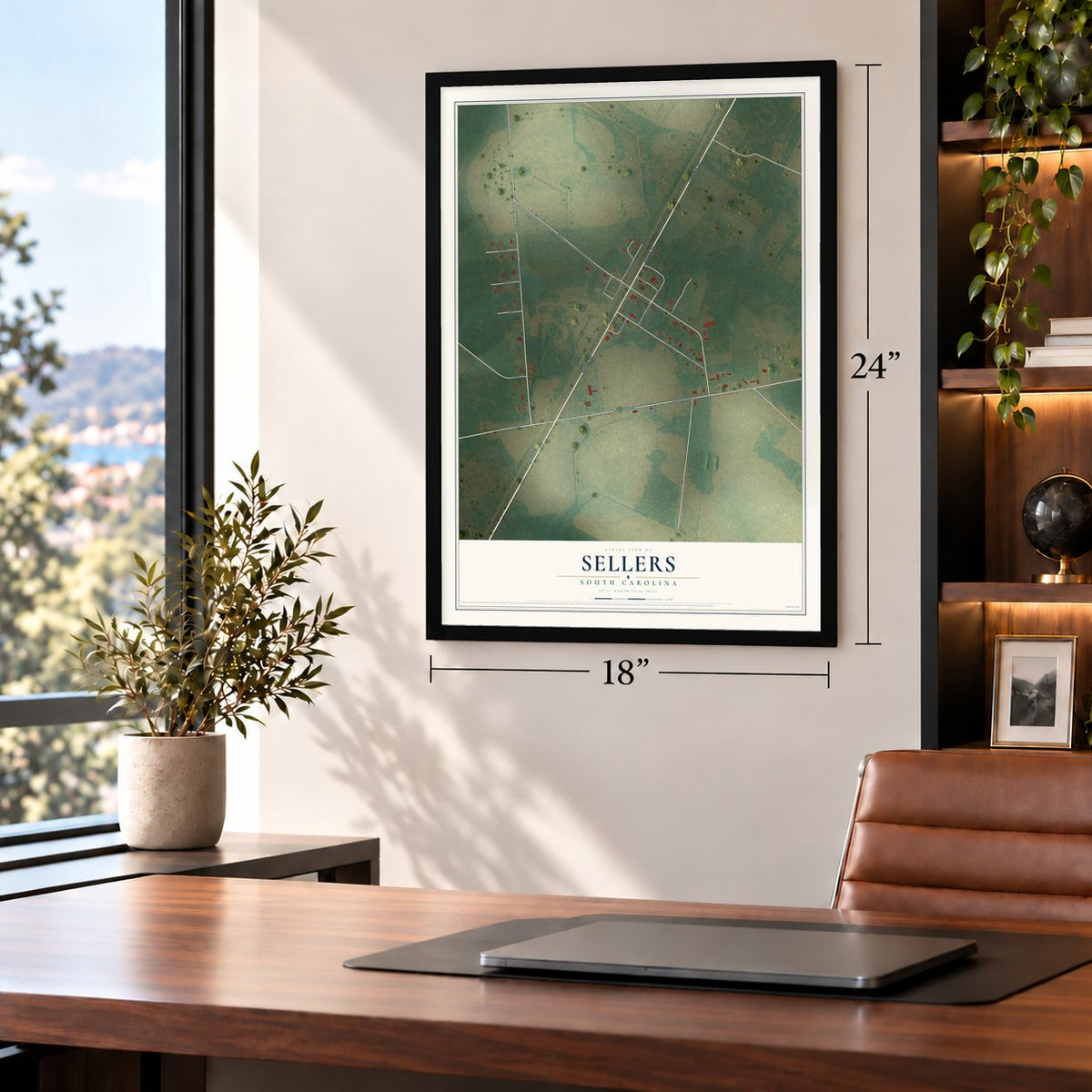 Sellers, South Carolina map, 18 x 24 inch print in a black frame in a home office