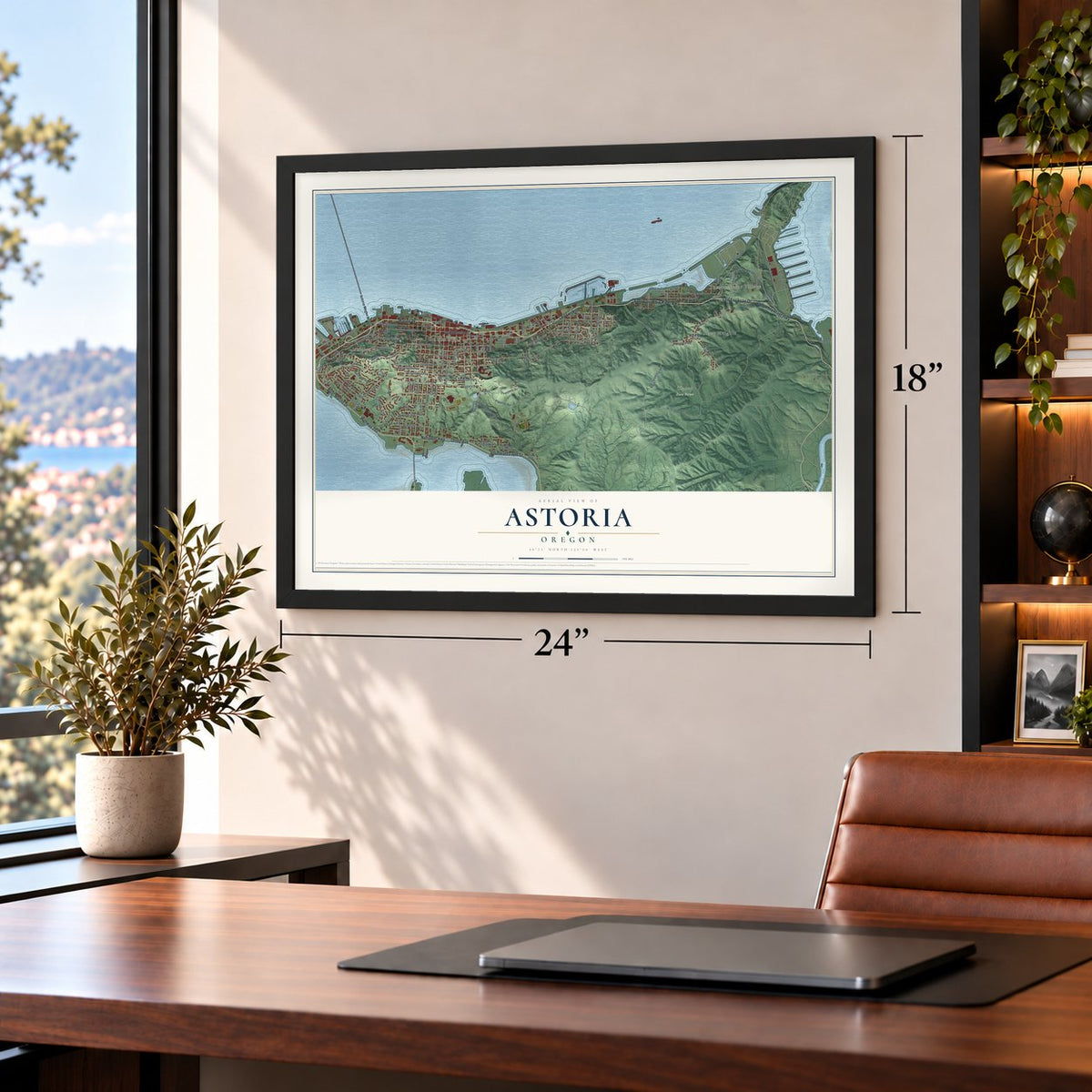 Astoria, Oregon map, 18 x 24 inch print in a black frame in a home office