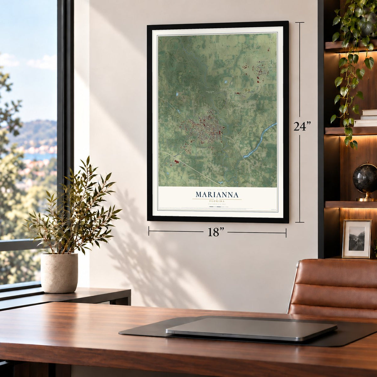 Marianna, Florida map, 18 x 24 inch print in a black frame in a home office