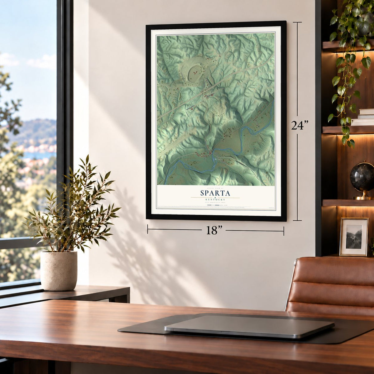 Sparta, Kentucky map, 18 x 24 inch print in a black frame in a home office