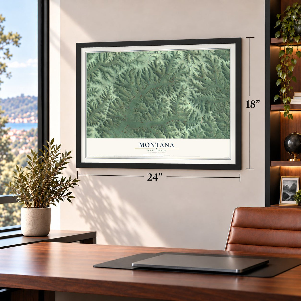 Montana, Wisconsin map, 18 x 24 inch print in a black frame in a home office