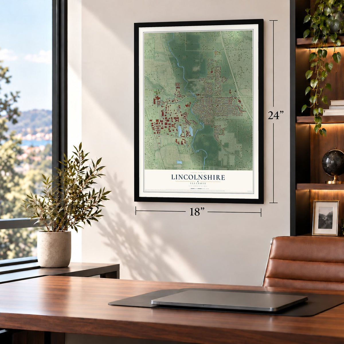 Lincolnshire, Illinois map, 18 x 24 inch print in a black frame in a home office