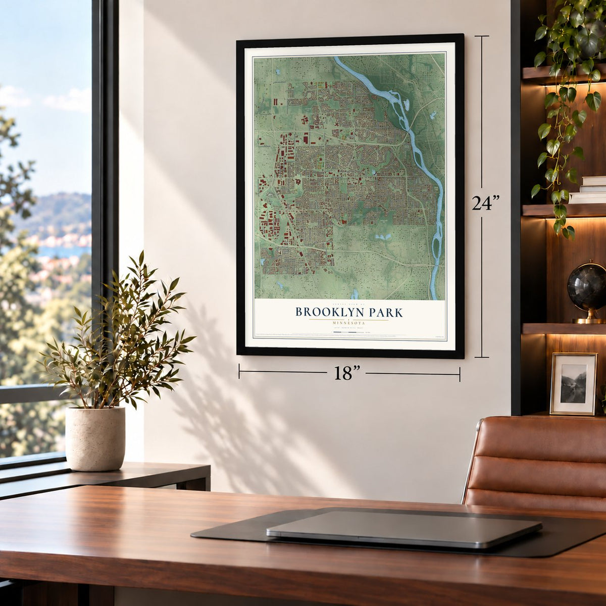 Brooklyn Park, Minnesota map, 18 x 24 inch print in a black frame in a home office