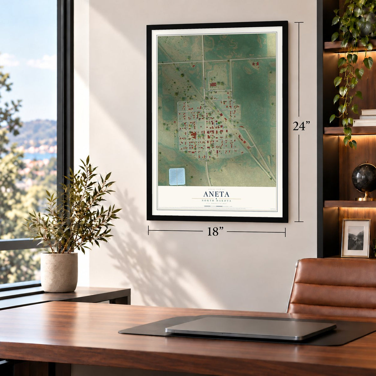 Aneta, North Dakota map, 18 x 24 inch print in a black frame in a home office