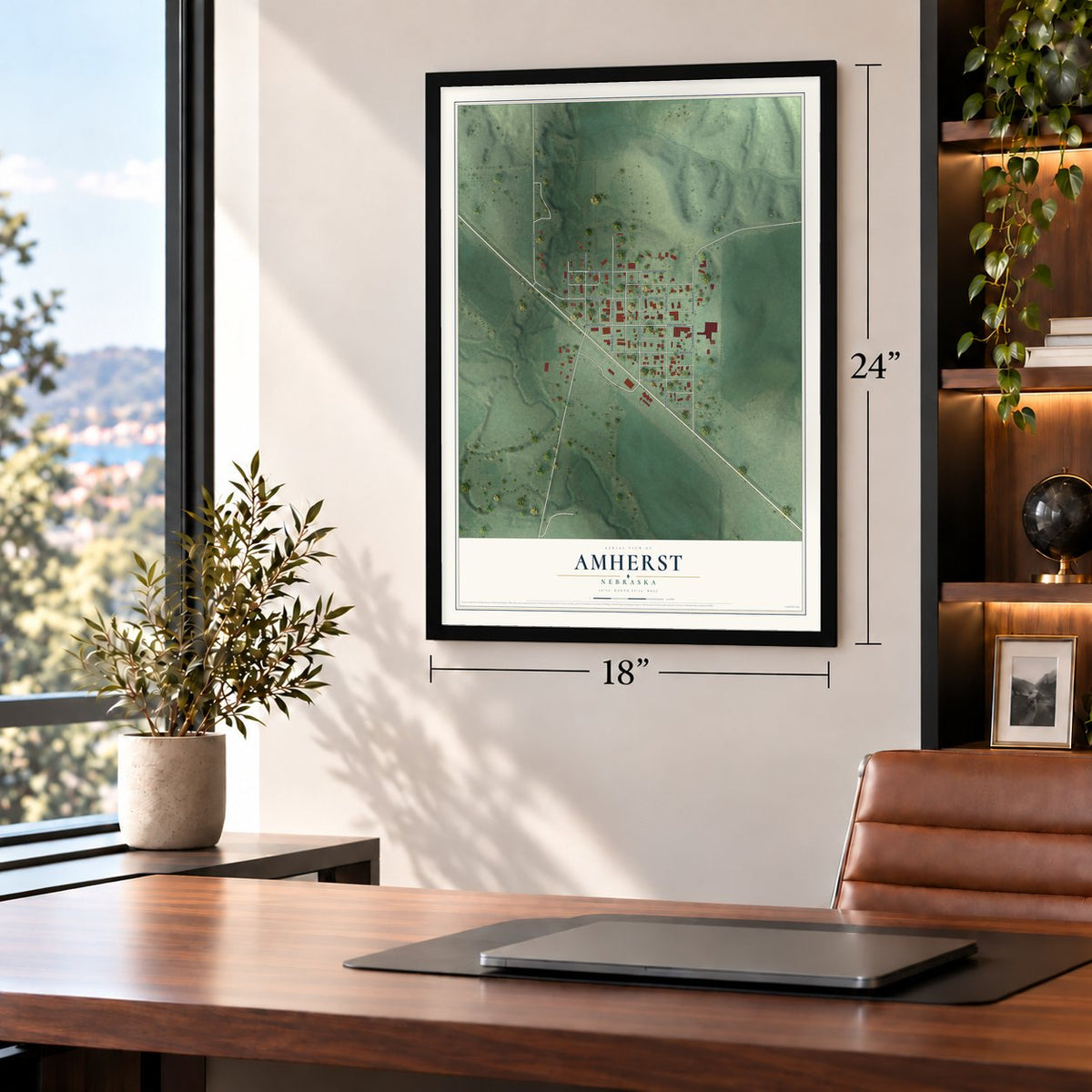 Amherst, Nebraska map, 18 x 24 inch print in a black frame in a home office